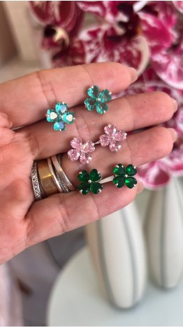 Conjunto Colar + Brincos trevos Prata 925 Rosa 